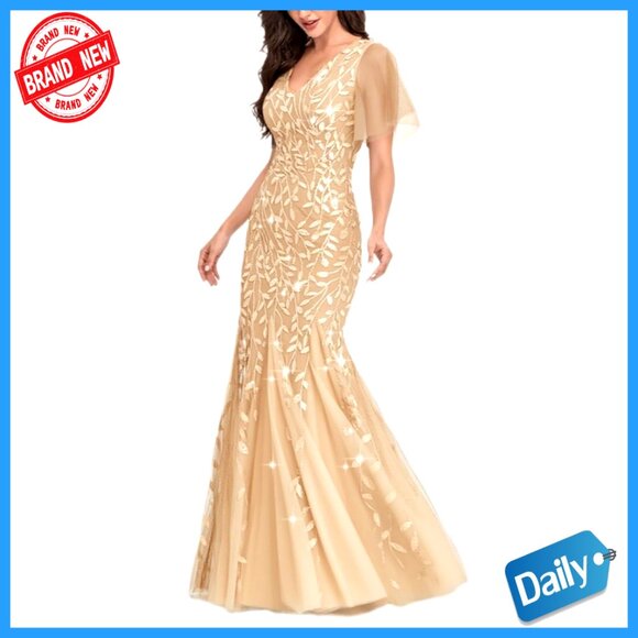 Sparkly Sequin Tulle Sleeve Formal Evening Gown Bodycon Maxi Prom Dress  Elegant